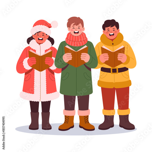Three cheerful friends bundled in warm winter clothing joyfully sing carols, exuding a spirit of friendship and community during the festive holiday season.