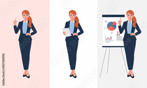 A professional businesswoman stands confidently, presenting insights with documents and visuals, embodying expertise and leadership in a clean, corporate environment.