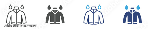 Rainproof Jacket Icon Set, Waterproof Clothing Symbols, Wet Weather Protection Concept, Vector Illustration
