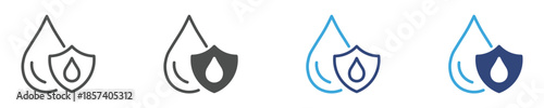 Waterproof Shield Drop Icon Set, Water Resistance Protection Symbols, Secure Moisture Defense Concept, Vector Illustration