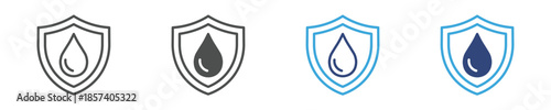 Water Shield Drop Icon Set, Waterproof Security Symbols, Water Protection Guarantee Concept, Vector Illustration