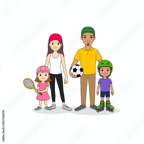 A cheerful family of four participates in various sports outside, showcasing a healthy lifestyle and engagement in recreational activities suitable for all ages.