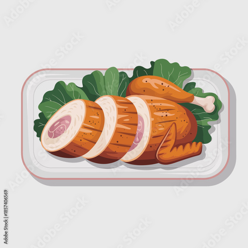 A beautifully arranged platter featuring sliced cooked meat accompanied by fresh greens, presenting an appetizing and inviting meal ready to serve.