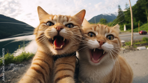 Two cats are taking a selfie, laughing happily