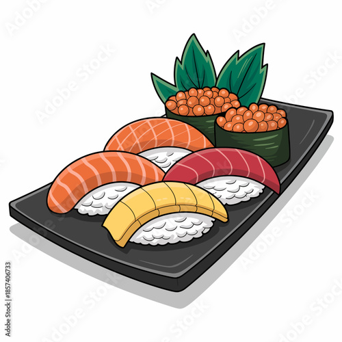 A vibrant sushi platter showcasing various types of sushi, beautifully arranged to highlight a culinary delight perfect for sushi enthusiasts and food lovers.