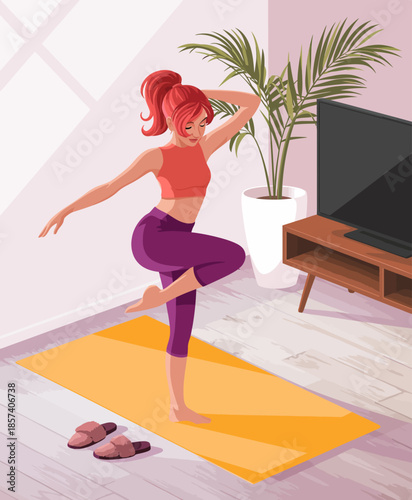 A young woman performs a balancing yoga pose on a mat in a bright, stylish home environment, emphasizing health, fitness, and personal well-being in a serene space filled with light.