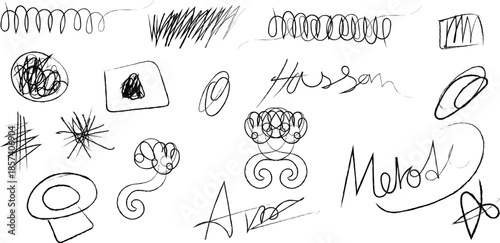 A collection of 18 abstract doodles and scribbles on a white background
