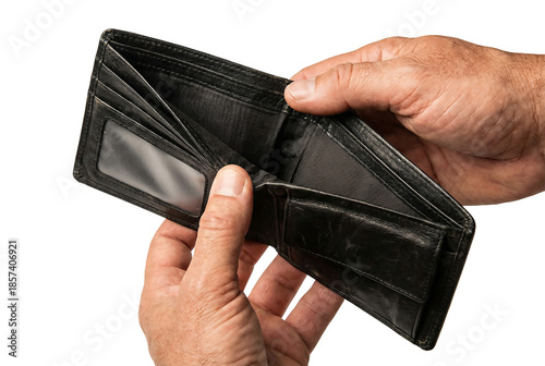 Hands Holding Open Empty Black Leather Wallet Isolated on Transparent Background