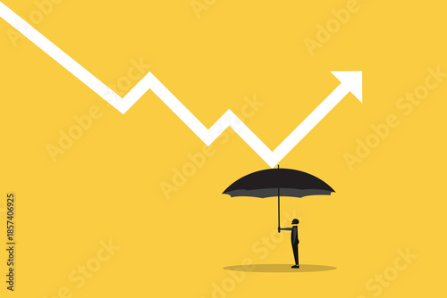 Economic recovery from crisis, business protection or stock market bounce back from recession concept, smart confidence businessman holding strong umbrella to recover white arrow economic graph