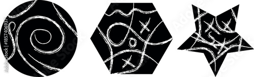 Three abstract black and white geometric shapes with swirling patterns