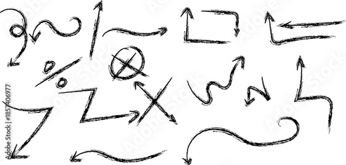 A collection of abstract symbols and arrows in a handwritten style on a white background