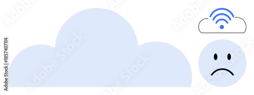 Cloud computing concept. Cloud shape with disconnected icon and a sad face problems with cloud service or internet connectivity. Ideal for technology issues, tech support, troubleshooting, data