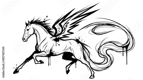 Black and White Pegasus Horse Illustration.