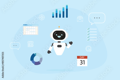 AI Assistant, artificial intelligence helper planning or manage schedule daily routine concept. Software or program for Data analysis. Chat with cute robot or Ai training development vector illustrati