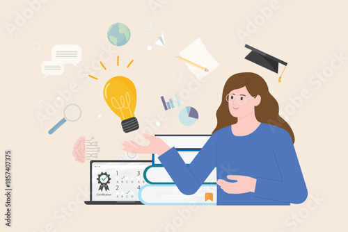 Education and graduation concept. Searching study research, approach knowledge. University diploma E-learning course. Online learning graduation certification illustration flat vector.