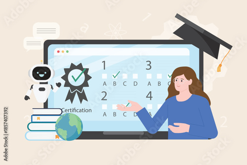 artificial intelligence Technology for education concept. AI Searching , study and research by using ai online for approach knowledge. Diploma, university E-learning graduation illustration vector.
