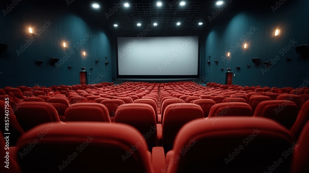 Fototapeta premium Modern cinema auditorium featuring rows of red velvet seats a large screen a displaying effect light