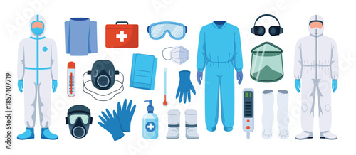 Medical Personal Protective Equipment Set with Masks, Gloves, Goggles, Sanitizer, Thermometer and First Aid Supplies, Healthcare Safety Illustration