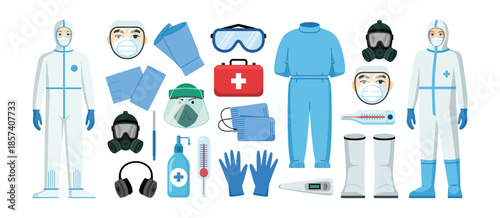 Medical Personal Protective Equipment Set with Masks, Gloves, Goggles, Sanitizer, Thermometer and First Aid Supplies, Healthcare Safety Illustration