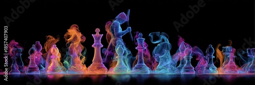 Chess pieces outlined in colorful smoke on black