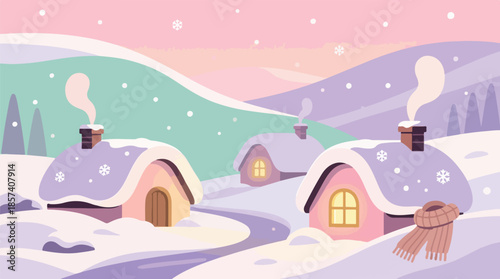 Pink Winter Village Landscape with Cozy Snow Covered Houses and Purple Mountains. Magical Christmas Evening Scene with Snowfall and Warm Cottages. Seasonal Vector Background.
