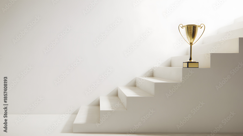 Obraz premium middleground. A golden trophy rests on a central staircase step, symbolizing achievement with elegant lighting and a minimalist polished metal surface. event key visuals.