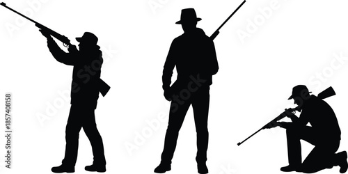 Three Detailed Black Silhouettes of Hunters Wearing Hats and Holding Rifles in Standing, Aiming, and Kneeling Positions, Isolated on White