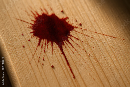 Splatter Of Red Liquid On Natural Light Wood Surface Resembling A Crime Scene Or Paint