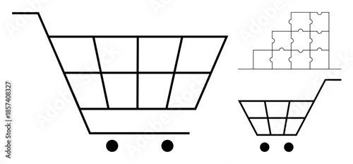 E-commerce concept. Shopping cart outline with puzzle pieces strategic business solutions, online retail, and consumer transactions. Use for retail, shopping apps, marketing, business strategy