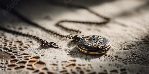 Antique pocket watch on lace tablecloth in soft natural light  