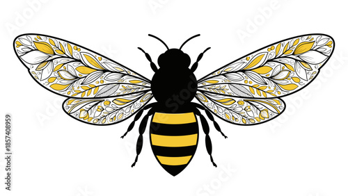 Black and Yellow Bee Illustration with Stripes.