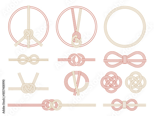 Mizuhiki Illustration Collection, Traditional Japanese Decorative Knots for Celebrations, Weddings, Gift Wrapping and Cultural Design Elements