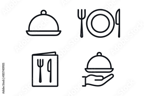 Food Serving and Dining Icons Line Art Set