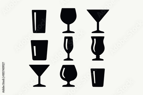 Alcohol Glassware Silhouette Set Icon Collection on Light Background