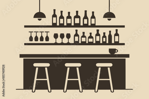 Minimal Bar Interior Illustration with Shelves and Stools