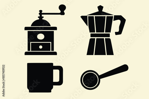 Coffee Equipment Icons Set Illustration on Light Background