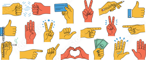 Colorful hand gesture icons set showing pointing, thumbs up, victory sign, money, and communication gestures in flat cartoon style