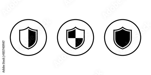 Security shield icon set in circular outline. Secure system, cybersecurity, protection, and defense symbol