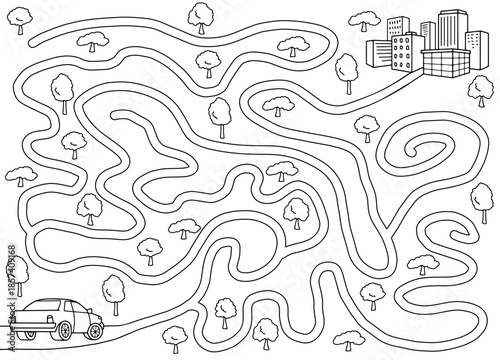 Car city maze graphic black white sketch illustration vector