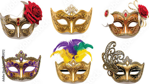 Elegant golden masquerade carnival masks set with feathers, roses, and ornaments, luxury Venetian festival costume vector illustration