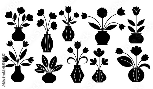Black floral silhouette vector set with decorative vases isolated on white background