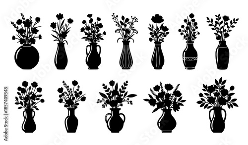 Minimal floral vase silhouette collection flat vector illustration on white