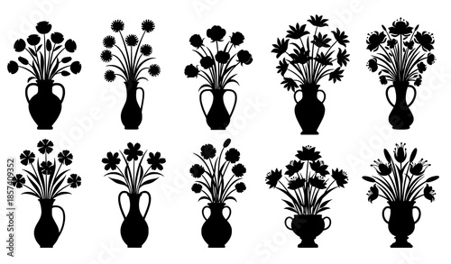 Decorative floral silhouette vector arrangements in vases isolated on white background
