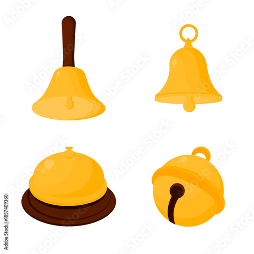 Set of Golden Bells Illustration Including Hand Bell, Jingle Bell, Hanging Bell and Service Desk Bell Isolated on White Background for Notification, Alert, and Restaurant Service Design