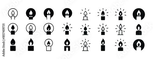 Minimalist candle icon set: diverse flame and holder designs in