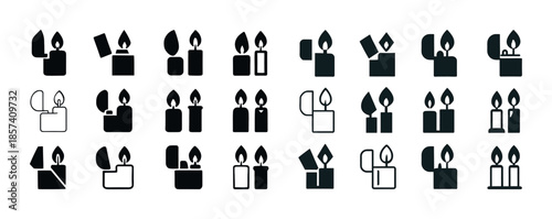Flat vector icons of lighters with flames in various styles and