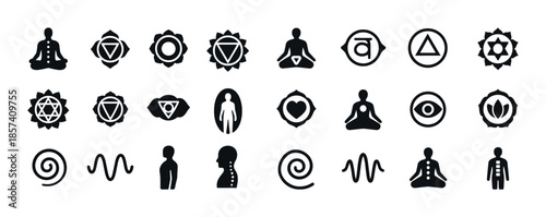 Chakra symbols and meditation icons set with human silhouettes