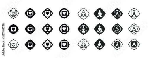 Heart and meditation symbol icons collection on white background