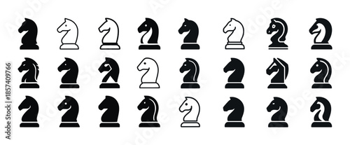 Diverse chess knight icons collection in black and white silhoue