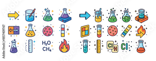 Colorful chemistry icon set with beakers, test tubes, and molecu